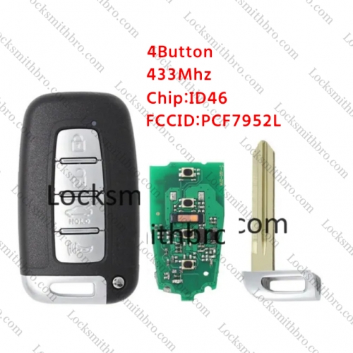 LockSmithbro 4 Button PCF7952L &ID46 Chip 433Mhz Right Blade Smart Key Card For Kia K2 K5 Sportage