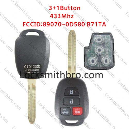 LockSmithbro 89070-0D580 B71TA 433Mhz No Chip Toyot 3+1 Button Remote Key No Logo