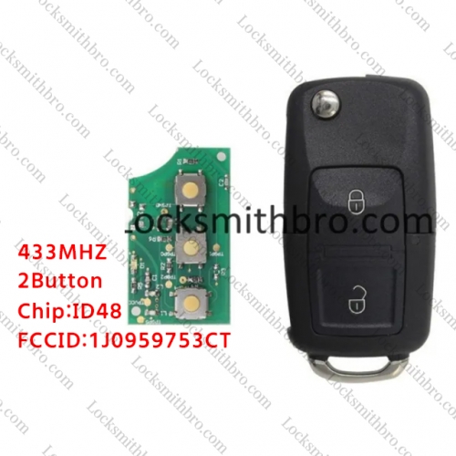 LockSmithbro 2 Button 433MHZ ID48 Chip VW Remote Key 1J0 959 753 CT