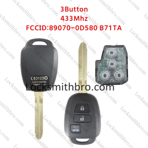 LockSmithbro 89070-0D580 B71TA 433Mhz No Chip Toyot 3 Button Remote Key No Logo