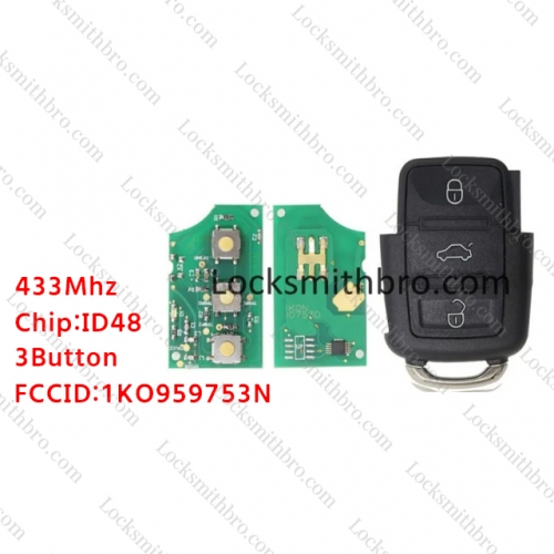 LockSmithbro No Blade 3 Button (1KO 959 753 N) 433MHZ ID48 Chip VW Remote Key Passat Bora And Lavida .Etc
