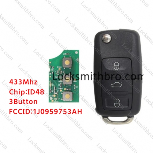 LockSmithbro No Blade 3 Button 433MHZ ID48 Chip VW Remote Key 1J0 959 753 AH