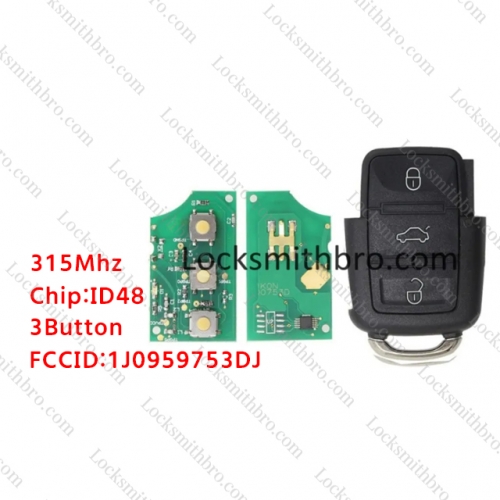 LockSmithbro 3 Button 433MHZ ID48 Chip VW Remote Key 1J0 959 753 AH