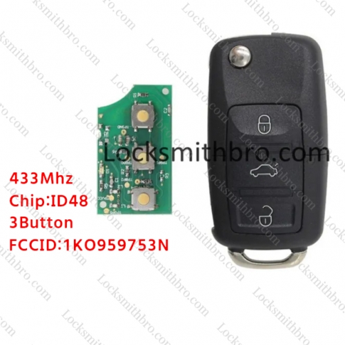 LockSmithbro 3 Button (1KO 959 753 N) 433MHZ ID48 Chip VW Remote Key Passat Bora And Lavida .Etc