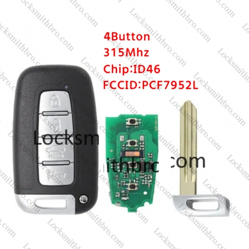 LockSmithbro 4 Button PCF7952L &ID46 Chip 315Mhz Right Blade Smart Key Card For Kia K2 K5 Sportage