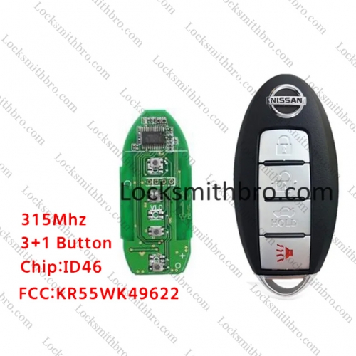 LockSmithbro 4 Button 46 Chip 7952L 315Mhz Aftermarket Nissa Altima Maxima Teana Smart Key Card For 2007 - 2014 Year FCC:KR55WK49622