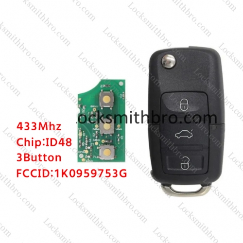 LockSmithbro 3 Button (1K0 959 753 G) 433MHZ ID48 Chip VW Remote Key