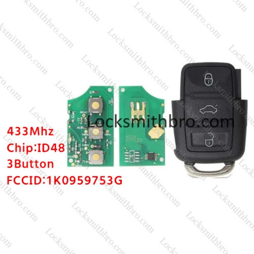 LockSmithbro No Blade 3 Button (1K0 959 753 G) 433MHZ ID48 Chip VW Remote Key