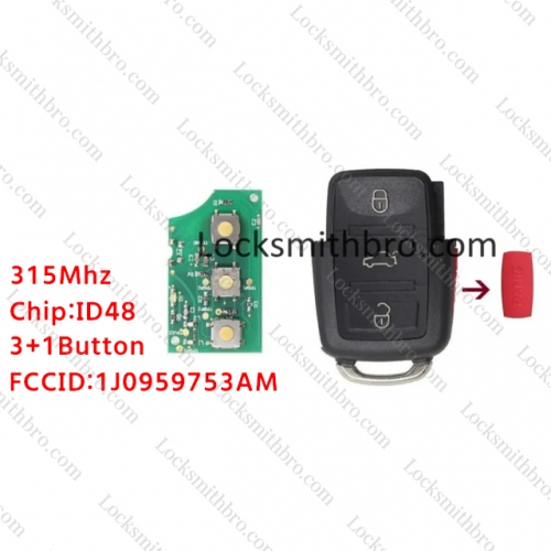 LockSmithbro No Blade 3+1 Button (1J0 959 753 AM) 315MHZ ID48 Chip VW Remote Key