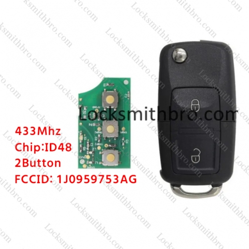 LockSmithbro 2 Button 433MHZ ID48 Chip VW Remote Key 1J0 959 753 AG