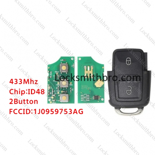 LockSmithbro No Blade 2 Button 433MHZ ID48 Chip VW Remote Key 1J0 959 753 AG