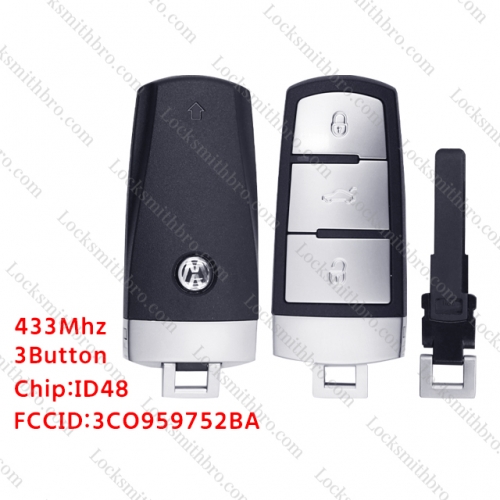 LockSmithbro 3 Button ID48 Chip 433Mhz VW Magotan Remote Key (3CO959752BA/9066-10) Before 2009 Year
