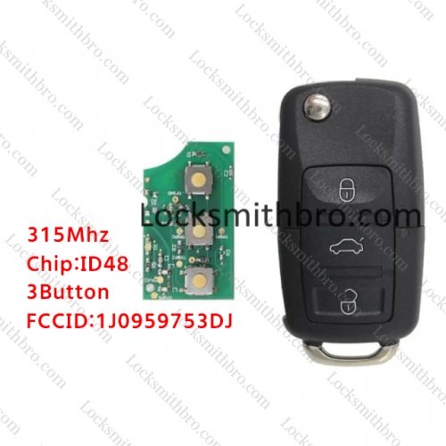 LockSmithbro 3 Button 315MHZ ID48 Chip VW Remote Key 1J0 959 753 DJ