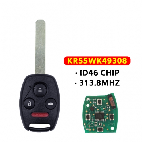 313.8Mhz ID46 Chip Car Remote Key for Honda Pilot Accord Sedan 2008-2012 for Honda Key 3+1 Buttons KR55WK49308