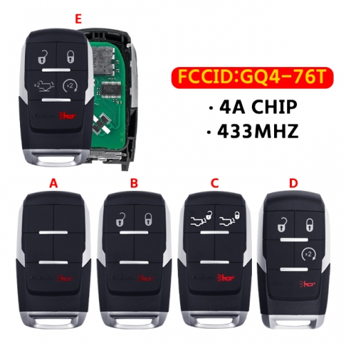 Smart remote key fob 1/3/4/5 buttons 433mhz 4A chip for ram 2500 3500 4500 5500 2019 2020 2021 FCC ID: GQ4-76T