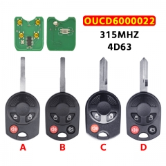 3/4 Buttons 315Mhz Remote Car Key for Ford C-Max Edge Escape Focus Lincol.n Mazda Mercury 4D63 Chip for Ford Key FCC：OUCD6000022