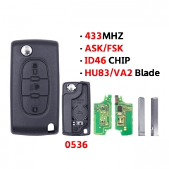 3Buttons With Lamp Flip Key For Peugeo.t Citroe.n Blade HU83/VA2 0536 ASK/FSK (LED Light Button)