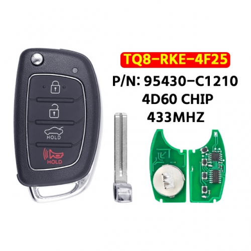 4 Buttons Flip Remote Key 433Mhz 4D60 Chip 95430-C1210 FCC ID: TQ8-RKE-4F25  for T-Hyundai Sonata 2017 2018 2019