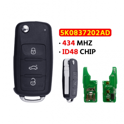 For T-Volkswagen 3-button folding car key remote control 5K0837202AD+434 frequency ID48 core