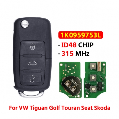 3Button remote key 433Mhz ID48  FCC: 1J0 959 753L  For VW Fit models: For VW Tiguan Golf Touran Seat Skoda