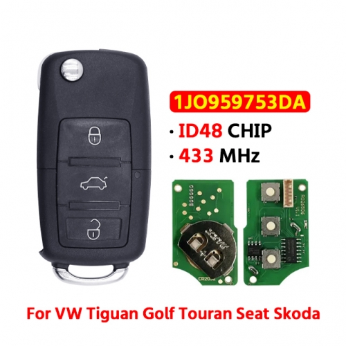 3Button remote key 433Mhz ID48  FCC: 1J0 959 753DA  For VW Fit models: For VW Tiguan Golf Touran Seat Skoda