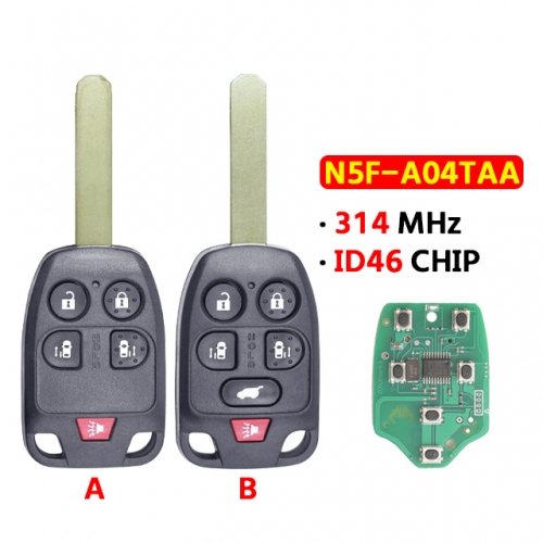 5/6 Button Remote Car Key 313.8Mhz ID46 FCC: N5F-A04TAA  for Honda T-Odyssey EX 2011 2012 2013 2014