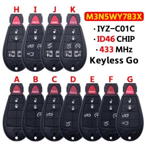Keyless go 3/4/5/6/7 buttons Remote Fobik for Dodge Caravan T-Chrysler Town & Country Jeep for Jeep Cherokee Fob 433MHz - M3N5WY783X IYZ-C01C ID46