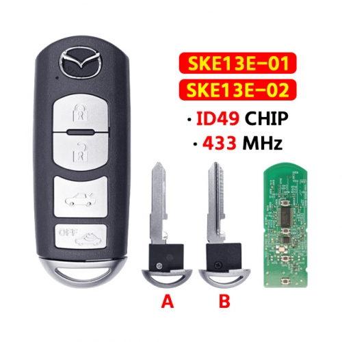 4Button Smart Remote Car Key Fob 433MHz 49 Chip SKE13E-01 SkE13E02 for Mazda (Mitsubishi System) 3 MX-5 CX-3 CX-5 CX-7