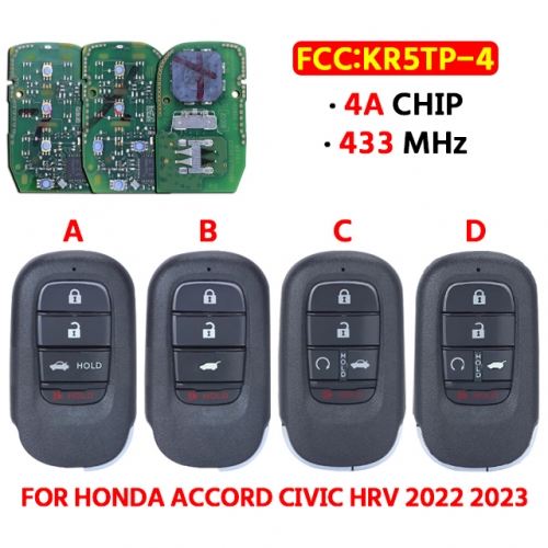 4/5button Keyless Go Smart Remote Key  FSK 433.92MHz 4A Chip KR5TP-4  Fob for Honda Accord Civic HRV 2022 2023 (Original Board)