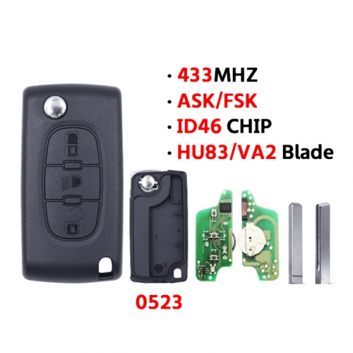 3Button Flip Key 433MHz ID46 CHIP For P-eugeot Blade HU83/VA2 0523 ASK/FSK