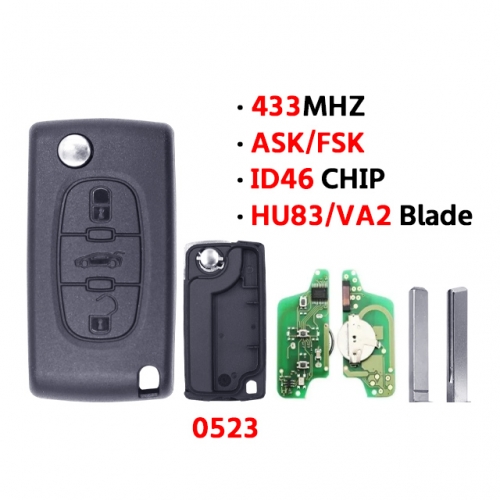 3Button Flip Key 433MHz ID46 CHIP For P-eugeot Blade HU83/VA2 0523 ASK/FSK