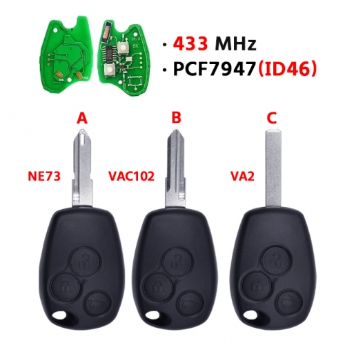 3 Button Remote Car Key for R-enault 433mhz With PCF7947(ID46) Round Button