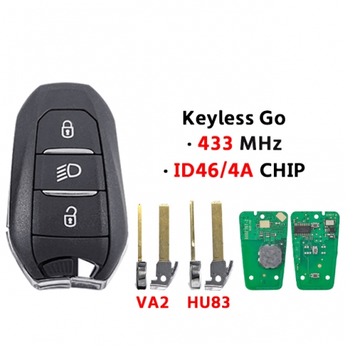 3Button keyless Go  46/4A Chip 433MHz HU83/VA2 blade For T-Peugeot 208 308 3008 508 5008 T-Citroen C4 C4L DS4 DS5 Promixity Card（light button）