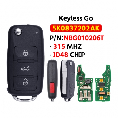 3+1Button 5K0837202AK Flip Key Keyless Go 315Mhz 48 CHIP For Jetta Passat Beetle Tiguan EOS Golf 2011-2017 5K0 837 202 AK NBG010206T