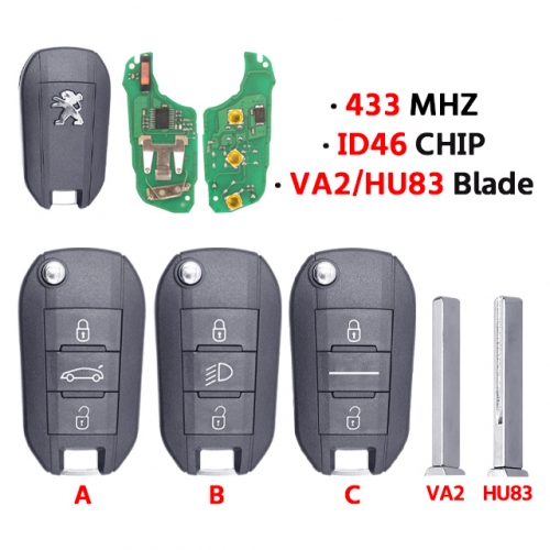 3Button remote key  433Mhz ID46 7941 Chip  For T-Peugeot 208 301 308 508 2008 5008 Hella Fit T-Citroen C3 C4 C4L HU83/VA2 Blade
