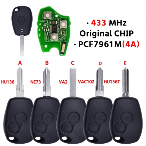 2Button remote key T-Renault straight remote control key 433MHz PCF7961(4A)CHIP Original chip with battery