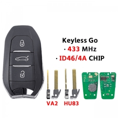 3Button keyless Go  46/4A Chip 433MHz HU83/VA2 blade For T-Peugeot 208 308 3008 508 5008 T-Citroen C4 C4L DS4 DS5 Promixity Card（trunk button）