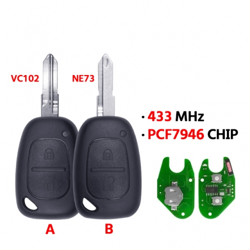 2Button Car Remote Key for T-Renault Traffic Master Vivaro Movano Kangoo 433MHz PCF7946 Chip NE73 VAC102 Blade