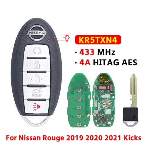 5 Button Smart Key KR5TXN4 433Mhz 4A HITAG AES for T-Nissan Rouge 2019 2020 2021 Kicks