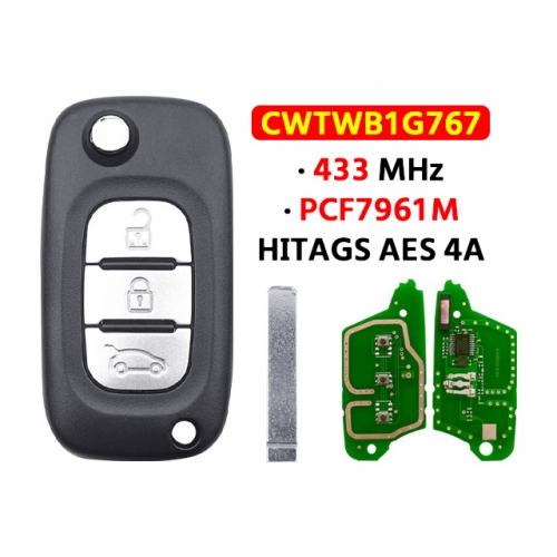 3 Buttons Remote Flip Key 433MHz PCF7961M HITAGS AES 4A Chip  CWTWB1G767 For T-Renault Megane III Twingo