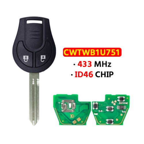 2 Buttons Smart Remote Car Key FCCID:CWTWB1U751 433Mhz ID46 Chip for Nissa.n Qashqai Sunny Sylphy Tiida X-Trail