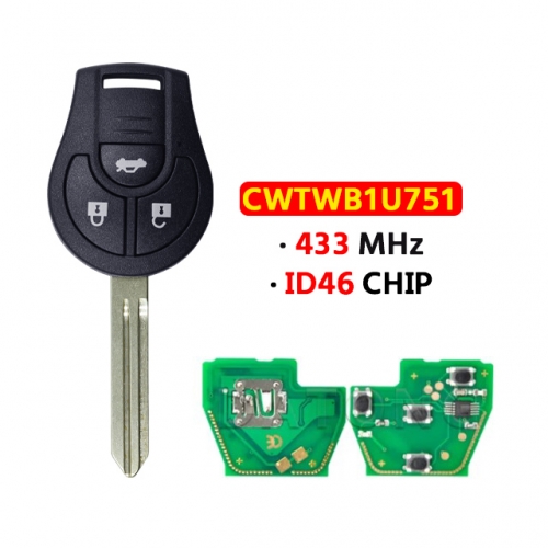 3 Buttons Smart Remote Car Key FCCID:CWTWB1U751 433Mhz ID46 Chip for Nissa.n Qashqai Sunny Sylphy Tiida X-Trail