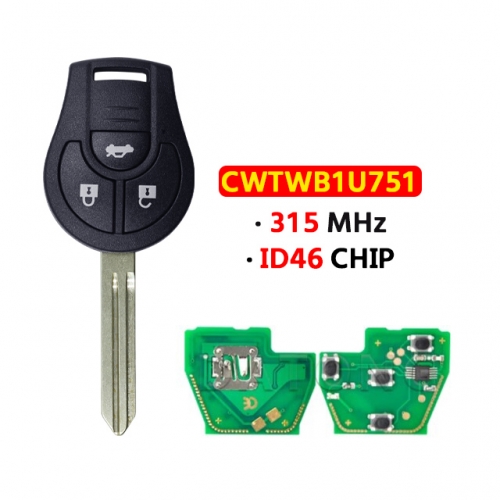 3 Buttons Smart Remote Car Key FCCID:CWTWB1U751 315Mhz ID46 Chip for Nissa.n Qashqai Sunny Sylphy Tiida X-Trail