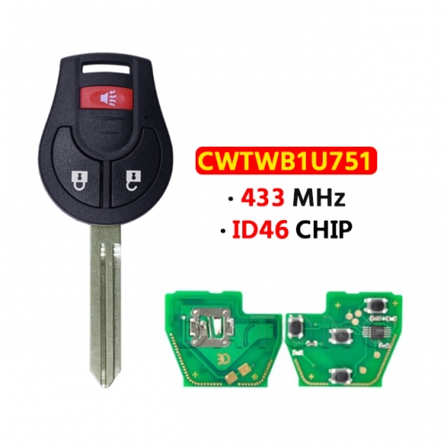 2+1 Buttons Smart Remote Car Key FCCID:CWTWB1U751 433Mhz ID46 Chip for Nissa.n Qashqai Sunny Sylphy Tiida X-Trail