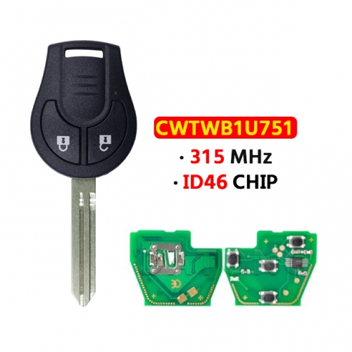 2 Buttons Smart Remote Car Key FCCID:CWTWB1U751 315Mhz ID46 Chip for Nissa.n Qashqai Sunny Sylphy Tiida X-Trail