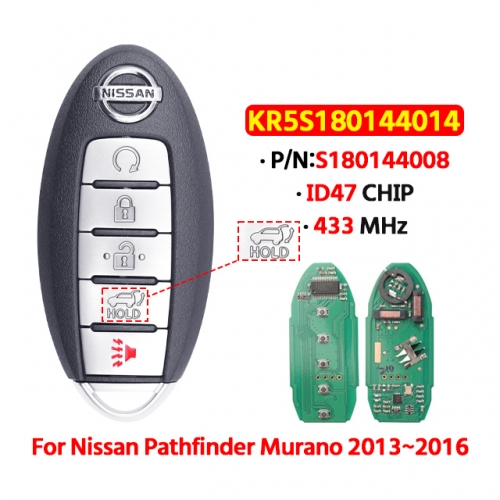 5Button Smart Car Key 433Mhz ID47 Chip  KR5S180144014 S180144008 For T-Nissan Pathfinder Murano 2013 2014 2015 2016 (SUV)