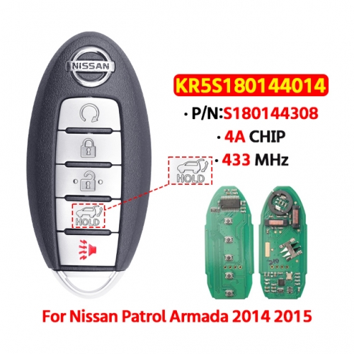 5Button Smart Car Key 433Mhz  4A Chip KR5S180144014 S180144308 Keyless For T-Nissan Patrol Armada 2014 2015(SUV)