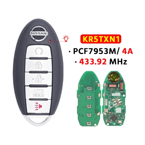 5Button Remote Control Car Key 433.92MHz PCF7953M/4A FCC:KR5TXN1 Chip  for Nisan Rogue Kicks S Sport 2018 2019 2020