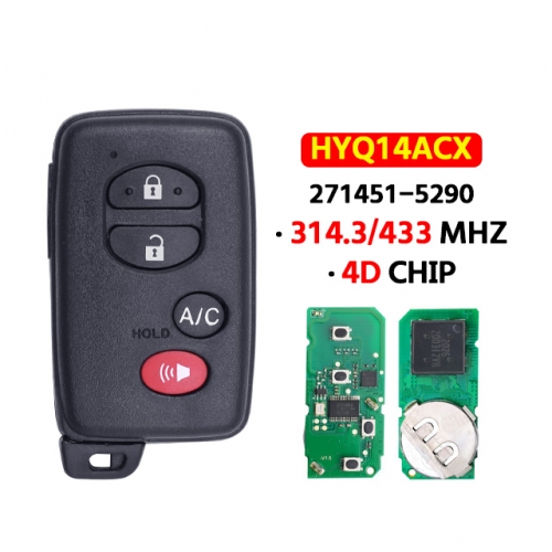 4 Buttons 314/433MHz Keyless Go Smart Prox Remote Key Fob with 4D Chip 271451-5290 FCC ID HYQ14ACX for T-Toyota Prius