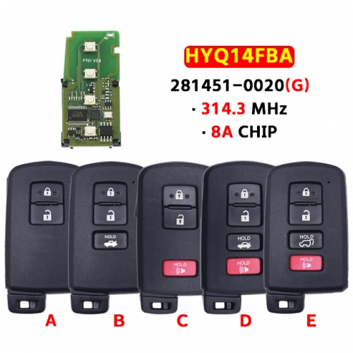 2/3/4Button Smart Key Fob 314MHz 8A Chip 281451-0020 FCC：HYQ14FBA for T-Toyota RAV4 Camry Corolla Avalon Aurion